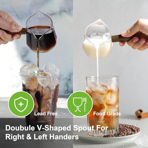 Joeyan 6 oz Glass Measuring Cup with Double Spouts,Borosilicate Espresso Shot Glasses with Wooden Handle,Claer Measuring Triple Milk Frothing Pitcher for Coffee Tea - color: 6 Oz Dual Spouts Measuring Cup