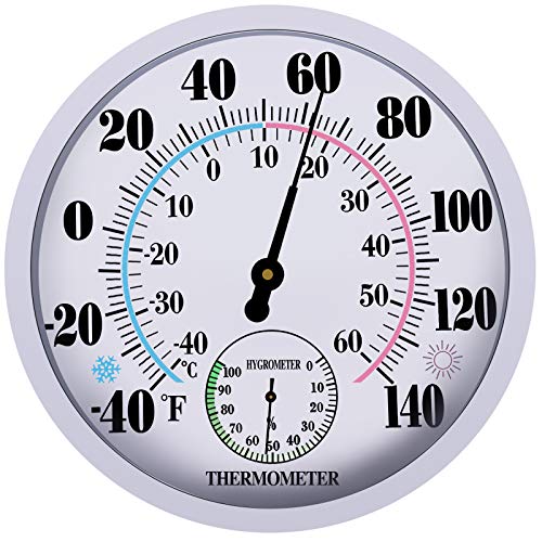 Indoor Outdoor Thermometer Hygrometer - Waterproof Hanging Wall Thermometer Decorative Outdoor Thermometer Large Numbers, No Battery Needed Outdoor Thermometers for Patio - color: White 10", size: 10 Inch