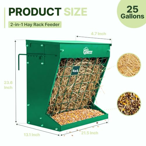 Wall Mount Hay Rack And Hay Feeder For Goats Sheep And Horses, Covered Galvanized Steel Goat Hay Feeder With Hinged Roof, 25 Gallon 2-In-1 No Waste Hanging Holder Grain Bin with hook For Cattle - color: Green