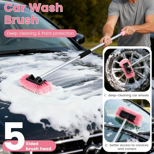 Car Wash Brush with Long Handle, 60'' Soft Bristle Cleaning Brush, Car Cleaning Brushes, Carwash Brushes for SUV, RV, Boat, Truck, House Siding, Sweep Snow,Pink - color: Pink