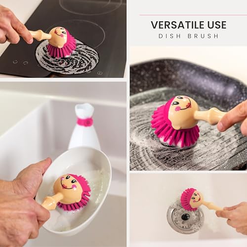 Vigar Dolls April Dish Brush with Ergonomic Handle - White, Pink | Dish Scrubber, Kitchen Scrub Brush, Dishwashing Brush Tool for Kitchen Sink Cleaning, Cute Standing Design - color: White, Pink