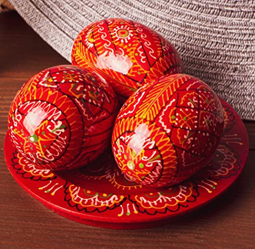 LOVARE Red Vintage 2.0'' Hand Painted Wooden Ukrainian Easter Egg Ornaments (Pysanky) - Set of 3 Mini Chicken Eggs on Plates by QG Group