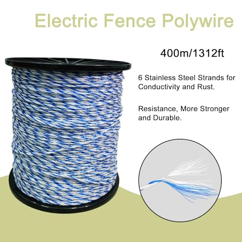 Electric Fence Wire, 1312 Feet 400 Meters with 6 Stainless Strands | Good Rust Resistance and Conductive for Farm Fence, UV Resistant, Portable Livestock Fencing, Poly Wire Rope Line - size: 1312FT/400M
