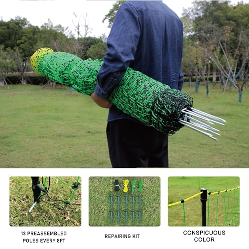 1 Pack Premium Portable Pre-Assembled Poultry Netting Electric Fence 47.3" x 98.5', Green,Utility Portable Mesh for Chickens, Ducks,Geese,Rabbits,Used in Backyards,Farms,and Ranches
