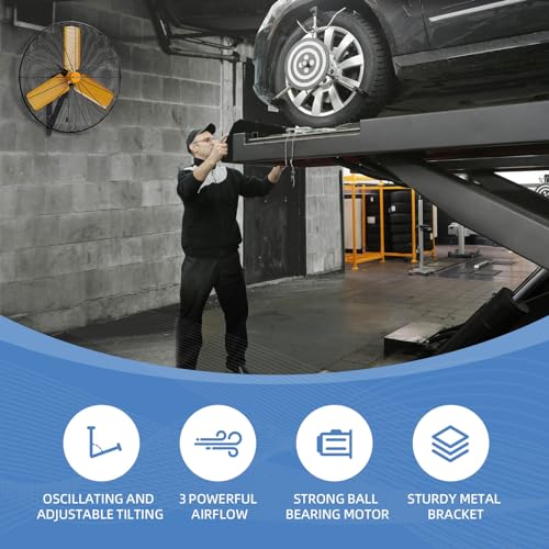 24 inch Oscillating High Velocity Wall Mount Fan, 7600 CFM Industrial Heavy Duty Metal Wall Fan, 3 Speeds, Adjustable Height and Tilt, Commercial Shop Fans for Garage, Workshop - size: 24 inch - Indoor