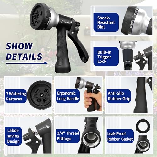 AUTOMAN-Garden-Hose-Nozzle, 2 Pack ABS Water Spray Nozzle, 7 Adjustable Watering Patterns, Slip Resistant for Watering Plants, Lawn& Garden, Washing Car, Showering Pets & Outdoor Fun.Silver Color - color: Silver