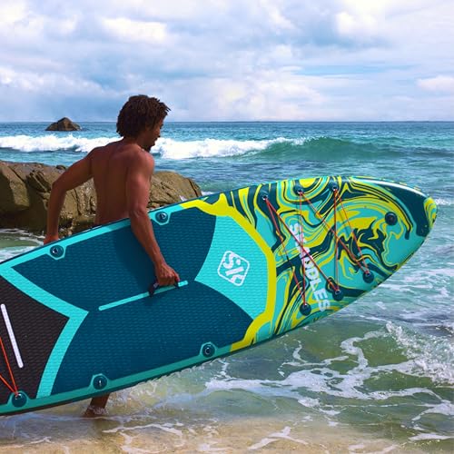 10’6’’ Inflatable Stand Up Paddle Board (SUP) for Adults and Youth with Non-Slip Deck – Complete Accessories Kit, for Fishing, Yoga, Fitness & Family Fun - color: dark green water ripple