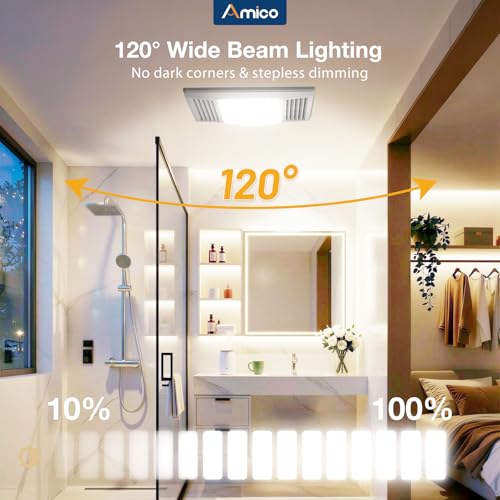 Amico Bathroom Exhaust Fan with LED Light, 110 CFM, 1.0 Sones, 5CCT, 90 CRI | 1000LM, Ceiling Mount Shower Ventilation Fan, No Attic Access Needed, 4 Inch Duct, 9.4'' x 9.4'' Ceiling Opening, ETL & FCC - size: 110 CFM