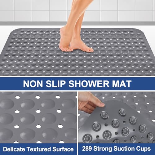 Square Shower Mat Non Slip: 32" x 32" Large Shower Mats for Inside Shower - Soft TPE Cuttable Anti Slip Shower Floor Mat with Drain Holes and Suction Cups - color: Dark Gray