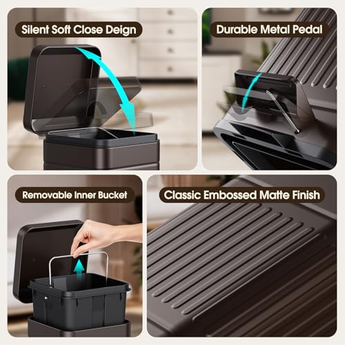 CEROELDA Small Trash Can with Lid-5L/1.3 Gal,Stainless Steel Outdoor Dog Poop Garbage Can-Farmhouse Retro Metal Waste Bin w/Step Pedal for Bathroom Bedroom Office-Soft Close-Brown - color: Brown