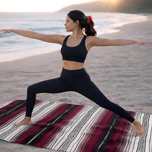 Mexican Blanket (Authentic Handmade Falsa) - Durable, Lightweight Baja Indian Blanket for Yoga, Beach, Camping, Picnic, Car/Truck, Outdoor Mexican Throw, Baja Saddle Blanket, 70"x50", Cherry - color: Cherry