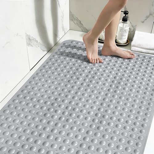 Shower Mat Non Slip: 34" x 23" Large Shower Mats for Inside Shower - Soft TPE Cuttable Anti Slip Shower Stall Mat with Drain Holes and Suction Cups - color: Gray, size: 34" x 23" (Rectangular)