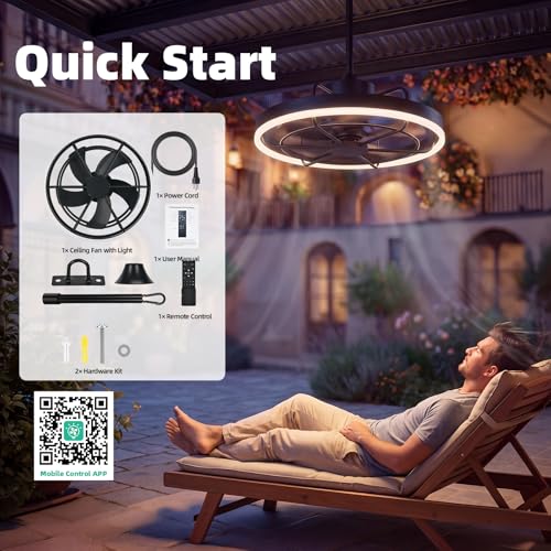 Modern Gazebo Fan with Light, 20" Plug-in Gazebo Ceiliing Fan with App/Remote Control, Outdoor Ceiling Fan with Light IP65 Waterproof, 3 CCT Light, for Gazebo - Black - color: Black