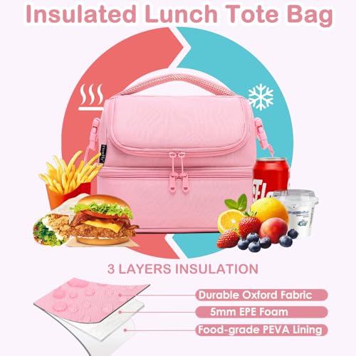 FlowFly Double Decker Cooler Insulated Lunch Bag Large Tote for Boys, Girls, Men, Women, With Adjustable Strap,Pink - color: Pink#All