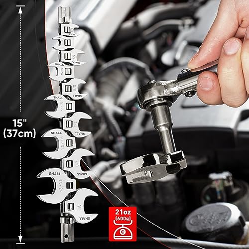 SHALL 3/8" Crows Foot Wrench Set, 11-Piece SAE Crowfoot Wrench Set with Clip-on Organizer, 3/8"-1", Tools for Mechanics, Access Fasteners in Tight Spaces - size: 9.5 - 25.4 mm