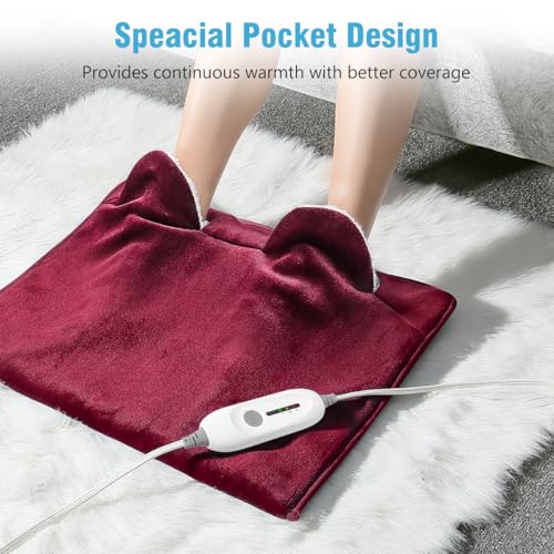 Electric Heated Foot Warmer Soft Flannel Foot Heater with 2h Auto Off & 3 Heat Levels Full Body Use Heating Pad for Feet, Abdomen, Cramps, Pain Relief Pocket Design 16" x 22" Red - color: Red