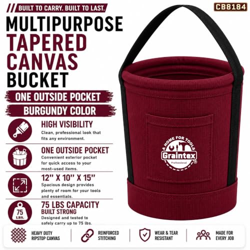 Graintex Tapered Canvas Bucket 12"x10"x15", Utility Tool Bucket One Inside Pocket, Reinforced Base & Carry Handle, Ripstop Canvas (Burgundy) - color: Burgundy