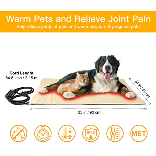 Toozey Pet Heating Pad, Beige, Large, Heated Mat for Cats and Dogs | Beige, Large, 6 Heat Settings, 2-24H Timer, Waterproof, Chew-Resistant Cord, Washable Cover - color: Beige, size: 35.0"L x 24.0"W x 0.6"Th