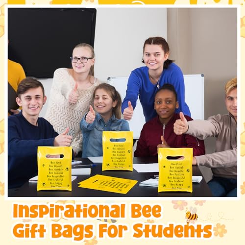 Coume 100 Pcs Bee Gift Bags Back to School Gifts Bags for Students Inspiration Quotes Plastic Goodie Snack Treat Bag with Handles Birthday Party Favors from Teachers, 6" x 8" - style: Bee Style