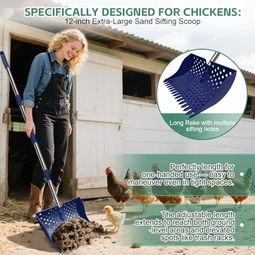 12" 2-in-1 Chicken Poop Scooper & Rake, 3-Shape Sifting Holes Chicken Coop Rake, Stainless Steel Handle (20–61") - Litter Scooper & Sand Sifting Shovel (U.S. Patent No. D1124534) - Blue