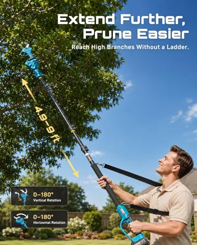 SEESII 2-in-1 Pole Pruning Shears: 1.6" Cutting Diameter Cordless Electric Pole Pruners - Brushless Motor, Dual 4.0Ah Batteries, Extra SK5 Blade, 4 Modes Adjustable Branches Cutter for Tree & Flower | Brushless Motor, 2x4.0Ah Batteries, Extra SK5 Blade, 4