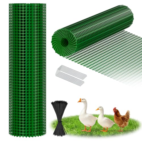 DoCred 3.28' x 82' Plastic Garden Fence Roll with Thicke Stakes, Green | Reusable HDPE Temporary Fence with 15Pcs 3.77FT Posts, Portable Chicken Dog Fence Barrier, Construction Snow Protection - color: Green, size: 39.4in x 82ft-Square Grid