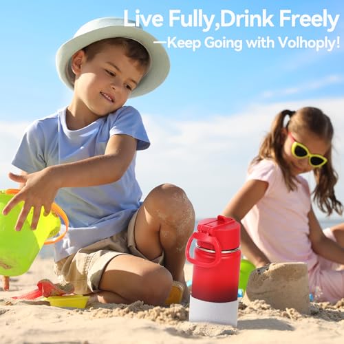 Volhoply 14oz KIds Stainless Steel Insulated Leakproof Water Bottle with Straw Lid and Silicone Boot,BPA-Free Easy Use for Boys&Girls,Double Wall Vacuum Bottles(Red Purple,1) - color: Red Purple