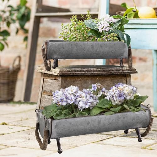 SOFE Poultry Feeder Galvanized Metal Chicken Feeder Set of 2 | Farmhouse Chicken Picnic Table Feeder, Chicken Planter, Decorative Galvanized Tray Trough Shaped, 15 and 13 Inches Long