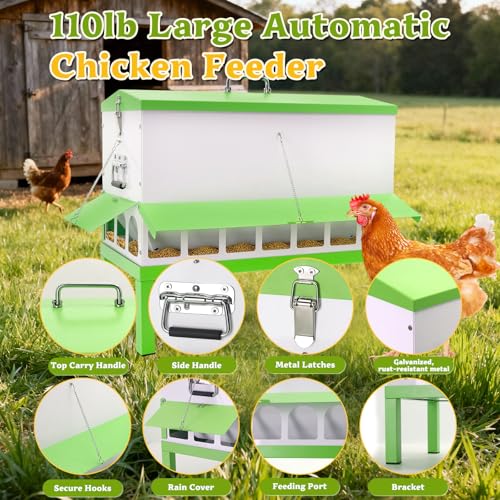 110LB Metal Chicken Feeder with 18 Ports&Legs No Waste Rat Proof | Large Galvanized Weatherproof Poultry Feeder, Fit Chickens, Ducks,Geese,No Assembly,Rainproof For Backyard Coops & Flocks