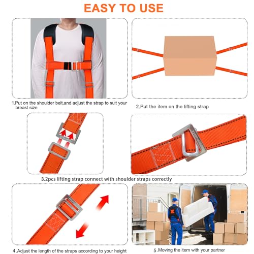 Shoulder Furniture Moving Straps Chest Buckle and 1-Person Lifting Strap | 2-Person Moving Straps Adjustable Easily Lifting and Moving for Mattresses Appliances Heavy Object Up To 1200LBS - color: Orange-2Person Straps
