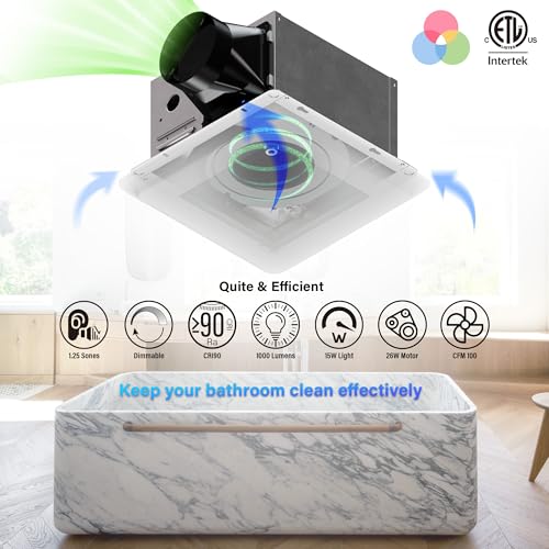 Smart Bathroom Exhaust Fan: 100CFM Bath Fan With Color-Changing Lighting, Remote Control Built-in RGBWW LED Light, Ultra-Quiet 1.2 Sones, 2700K-5000K, Dimmable & Wet, ETL Certified - size: 100CFM with RGBWW