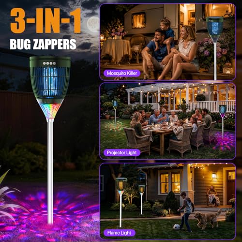 Rossetta Solar Bug Zapper Outdoor, Fly Zapper with Flame & Projector Light | 4200V Shock Grid, Solar & USB Charging, IPX5 Waterproof, Auto Mode, Cordless Electric Mosquito Killer for Patio, Garden - color: Olive Green