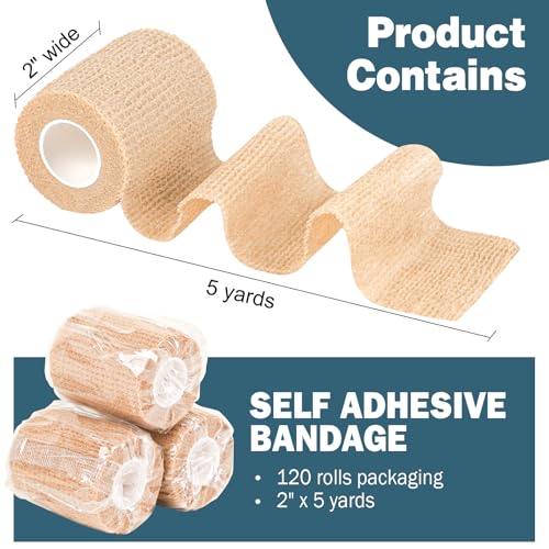 AZEN 120 Pack Self Adhesive Bandage Wrap, 2" X 5 Yards Elastic Cohesive Bandage Wrap, Skin Color Athletic Tape, Vet Wrap, Ankle Tape - color: Beige, size: 2IN - 120Pack