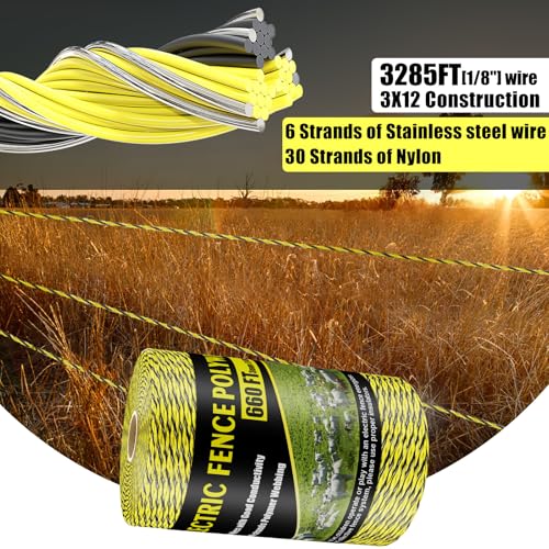 Upgrade Electric Fence Polywire 660FT,200 Meters, 6 Stainless Steel Strands for Reliable Conductivity, Portable Electric Fencing, UV Resistant, Rust Resistant, Highly Conductive, Easy to Install - size: 660 Feet
