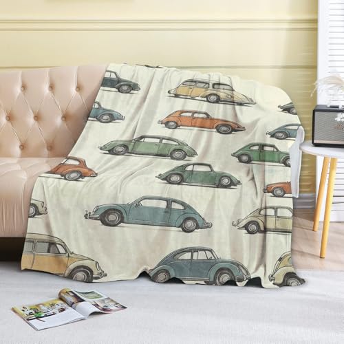 Retro Car Fleece Blanket,40x50in,Vintage Classic Colorful Beetle Cars Cream Throw Blankets,Soft Cozy Lightweight, Ideal for Bed Living Room Home Auto Enthusiasts Decor,Gifts - color: Car, size: 40x50 Inch