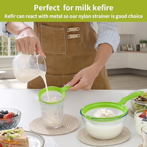 Luckyiren Kefir Strainer Set, 2-Size Plastic Non-Metal Sieve with Fine Mesh | 6.3" & 3.9" Diameter Double-size for Kefir Grains, Milk Kefir, Water Kefir & Kombucha - Durable, Food Grade & Easy Clean - color: Green