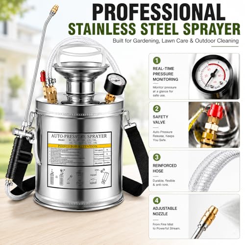 1.5Gal Stainless Steel Pump Up Sprayer Reinforced Hose, Hand Pump Sprayer with Pressure Gauge&Safety Valve, Adjustable Nozzle Suitable for Gardening (1.5 Gallon) - style: 1.5 Gal