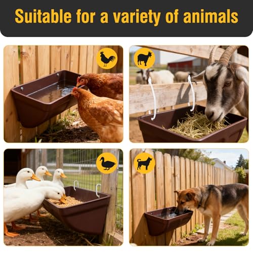 2 Pack Hanging Chicken Feeder Trough for Goat,Sheep,Dog.Livestock Feeding Container Goats Supplies Feeders Waterer Bucket (Brown)