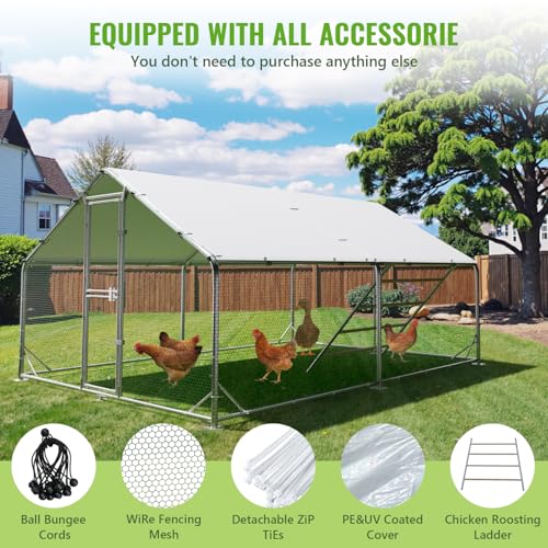 Large Metal Chicken Coop Runs for Yard with Cover, 10x13x6.5 | Perch Bars, Split Doors, Waterproof Covers, Mesh Wire - size: 157.5"L x 118.1"W x 78.7"H