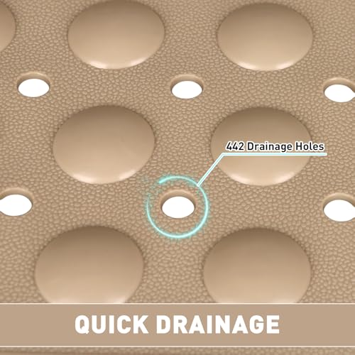 Shower Mat Non Slip: 47.2 x 31.5 Inch Extra Large TPE Shower Mats for Inside Shower - Anti Slip Shower Stall Matt with Drain Hole and Suction Cups for Elderly - color: Khaki, size: 47.2" x 31.5" (Rectangular)