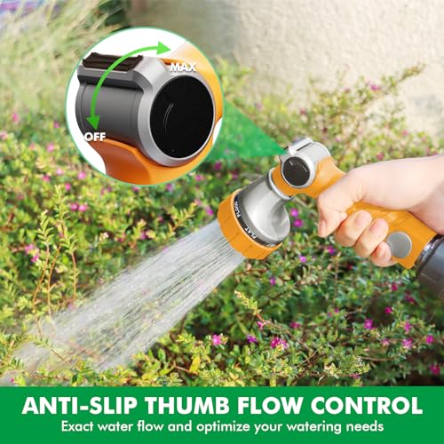 RESTMO Heavy Duty Hose Nozzle, Metal Garden Water Hose Sprayer | 7 Watering Patterns, Thumb Control, On Off Valve, Leak Proof Nozzle Sprayer for Watering Plants, Car & Pet Washing, Orange - color: Orange