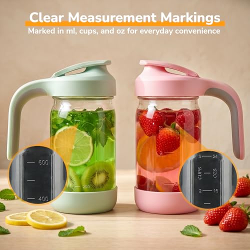 32 oz (1 Qt) Glass Mason Jar Pitcher with Pour Spout Lid & Handle | Airtight Leak-Resistant Flip-Top, Wide Mouth for Ice & Fruit, Non-Slip Silicone Base, Measuring Marks, Fridge Water/Iced Tea - color: Pink, size: 32 Ounces
