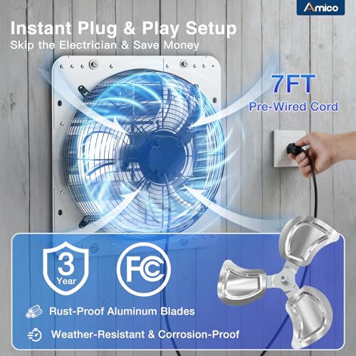 Amico 18" Shutter Exhaust Fan, Remote 9-Speed 56W EC Motor, 2300 CFM | Energy-Efficient Wall Mount Ventilation Fan, Workshop, Warehouse, Barn, Greenhouse, Plug&Play 8-Hr Timer, 3-Year Protection - size: 18 inch