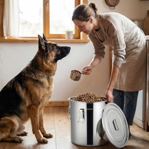 Lounsweer 2 Pack 8.9 Gal Stainless Steel Dog Food Storage Container with Lid and Locking Clamp 33 L Metal Airtight Container Large Stainless Steel Bucket with Food Scoop for Pet Feed - size: 33 L
