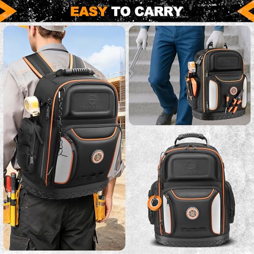 LOKASS 18.1-inch Heavy-Duty Tool Backpack, 75 Pockets, Black | 110 lbs Load Tested, 1680D Tear-Resistant Fabric, Removable Tool Panel, Combination Lock, Electricians, HVAC Pros - color: Black