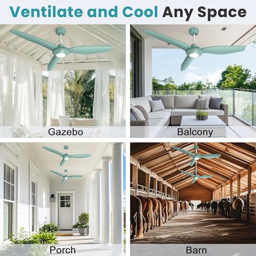 Solar Ceiling Fan Light 52" for Outside with Battery and Thermostat | Solar Powered Gazebo Fan, 2PCS 30W Bifacial Panels, Humidity Display, for Patios, Porch, Greenhouse, Adjustable Temp Control