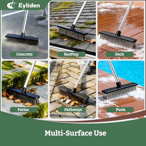 Eyliden Push Broom, 11.5-inch, Heavy Duty Moss Wire Scrub Brush | Stainless Steel Bristles, 65" Long Handle, for Deck, Floor, Concrete, Roof, Patio, Pool, Outdoor Cleaning