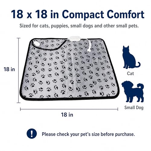 Cat Heating Pad 18'' × 18'' Self-Warming Pet Bed, Electric Heated Dog & Cat Pad, Waterproof, Temperature Adjustable, Fast Heating, Safe Thermostat for Kittens Puppies Small Pets