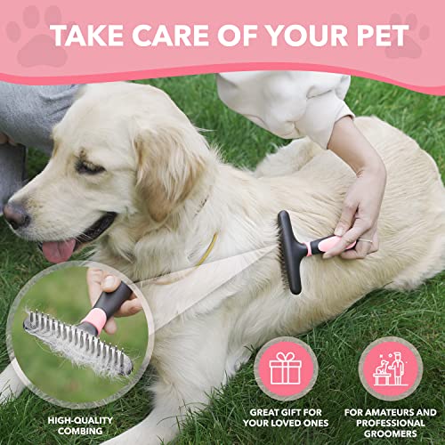 Dog rake deshedding dematting Brush Comb - Undercoat rake for Dogs, Cats, matted, Short,Long Hair Coats - Brush for Shedding, Double Row Stainless Steel pins - Reduce Shedding by 90% (Pink) - color: Pink