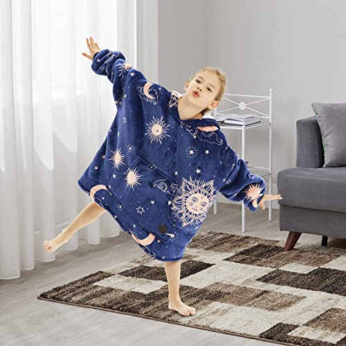 THREE POODLE Wearable Blanket Hoodie for Kids, Oversized Sherpa Sweatshirt Blanket with Giant Hood, Warm Cozy Hooded Blanket, Cute Gifts for Kids Girls Boys - color: Deep Blue Star, size: Kids